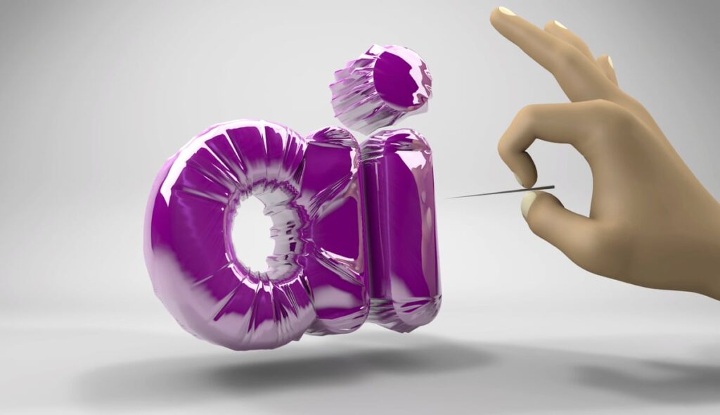 A hand holding a needle next to an AI balloon.
