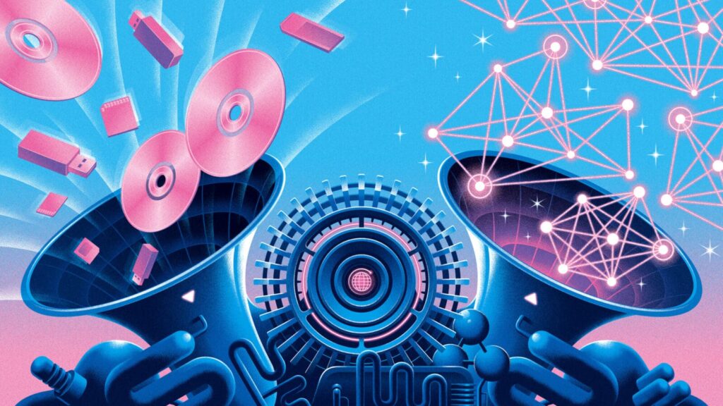 illustration of a machine with cds and thumb drives going in one side and cloud computing coming out the other side.