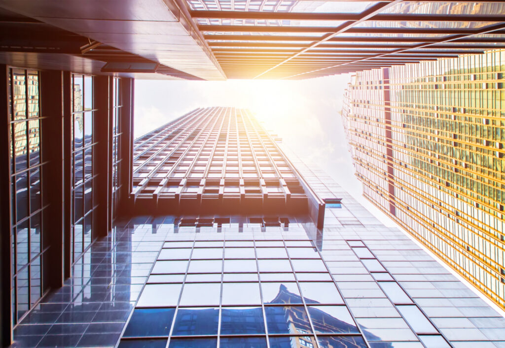 A upward view of skyscraper buildings