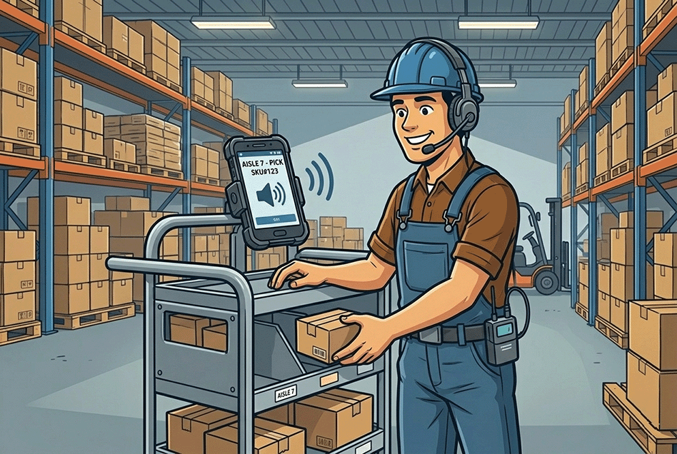 How ElevenLabs Voice AI Is Changing Screens in Warehouse and Manufacturing Operations Warehouse operator using voice picking to prepare orders.