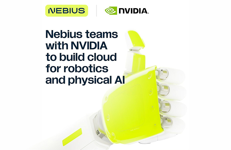 Nebius and NVIDIA collaborate for bodily AI cloud humanoid hand in a thumbs up with nebius and nvidia text above it.