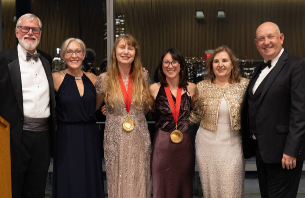 From left to right, Tom Ryden, Joyce Sidopoulos, Maja Matarić, Tania Morimoto, Daniela Rus, and Tye Brady at the 2025 Women in Robotics Gala.