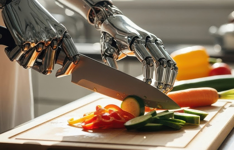 The good robotic race: How corporations can steadiness velocity to market and compliance within the U.S. A kitchen robot uses a knife to prepare food. Developers must navigate regulatory compliance while developing consumer robots.