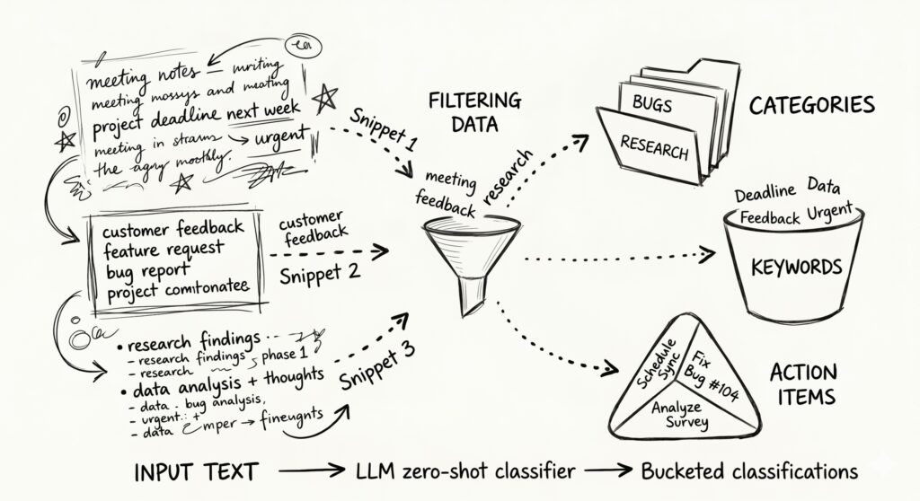 A hand-drawn style diagram showing how an LLM zero-shot classifier works. Messy, unstructured "Input Text" on the left flows into a central funnel, which then sorts the data into neat "Bucketed classifications" on the right, represented by categorized folders, a keyword bucket, and an action item diagram.