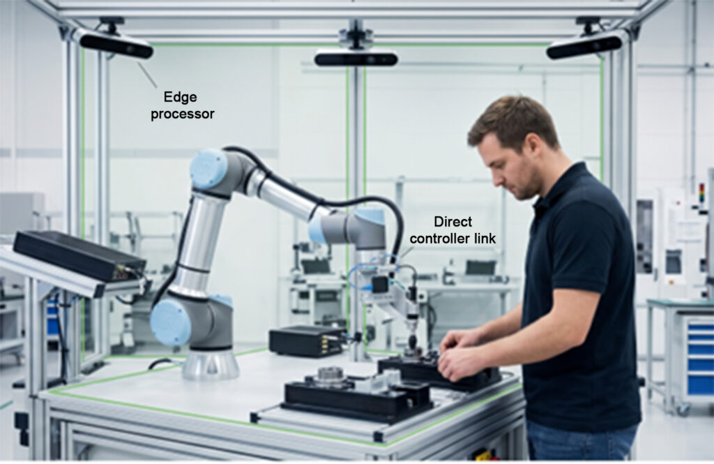 An image of a cobot showing where the direct controller link and edge processor are.