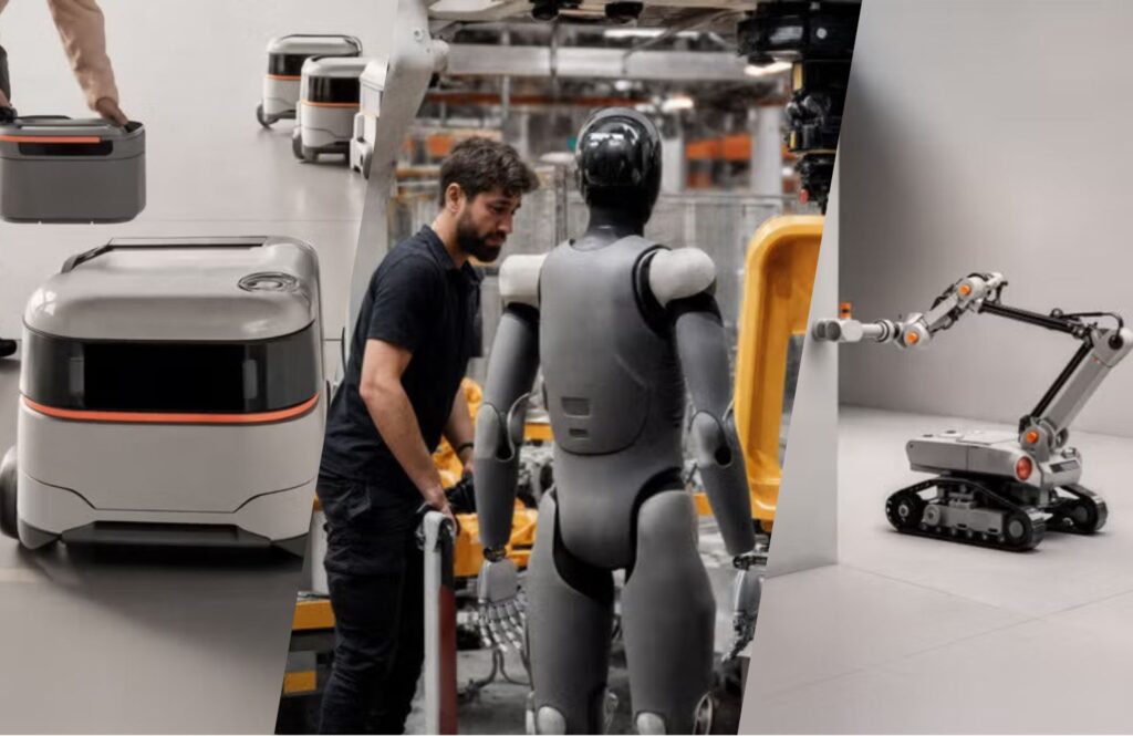 QNX Showcases Live Demos and Groundbreaking Research at the Robotics Summit A mobile robot, a humanoid robot, and a mobile robot with an arm. QNX has developed physical AI software for these form factors and more.