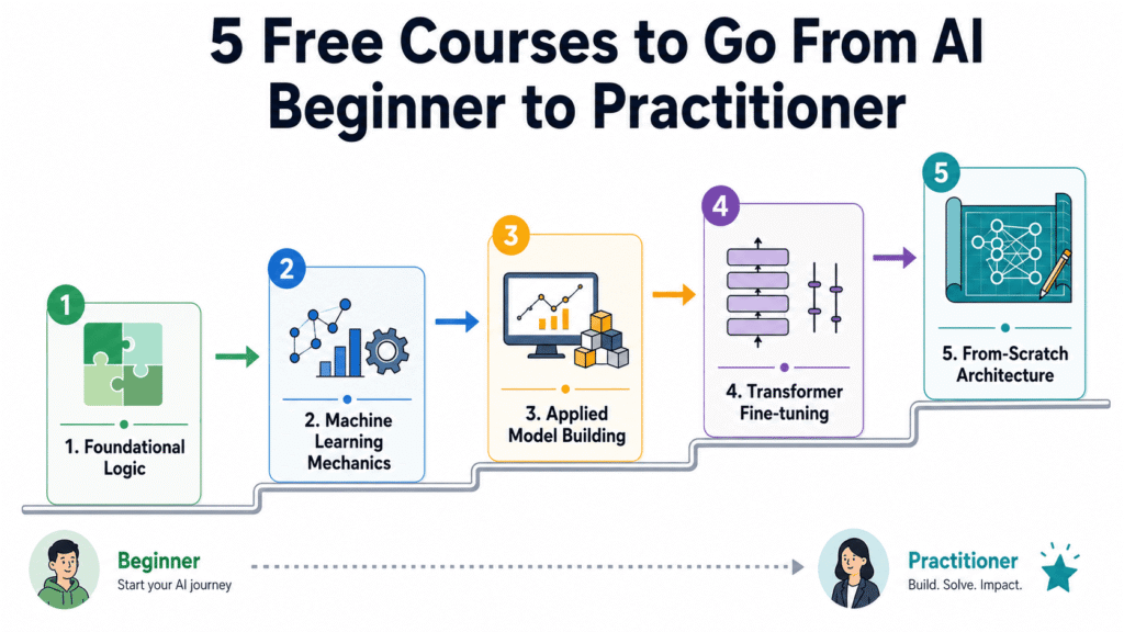 5 No-Cost Courses to Transform from AI Newbie to Pro 5 Free Courses AI Beginner Practitioner