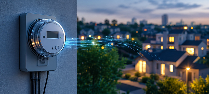 Beyond the Rollout: Europe’s Smart Meter Revolution Enters the Tech Transition Era Smart electricity meter transmitting energy usage data to connected homes in a residential neighborhood