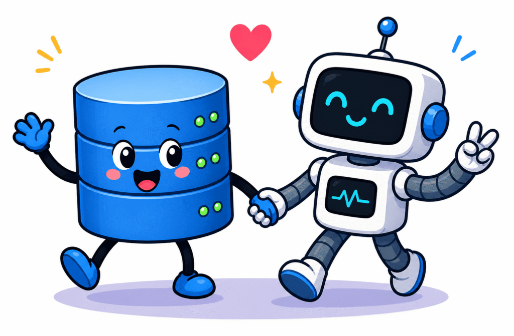 The Agentic Web: Intelligence Unleashed, Systems for Us, By Us A cartoon database character and an AI robot agent holding hands
