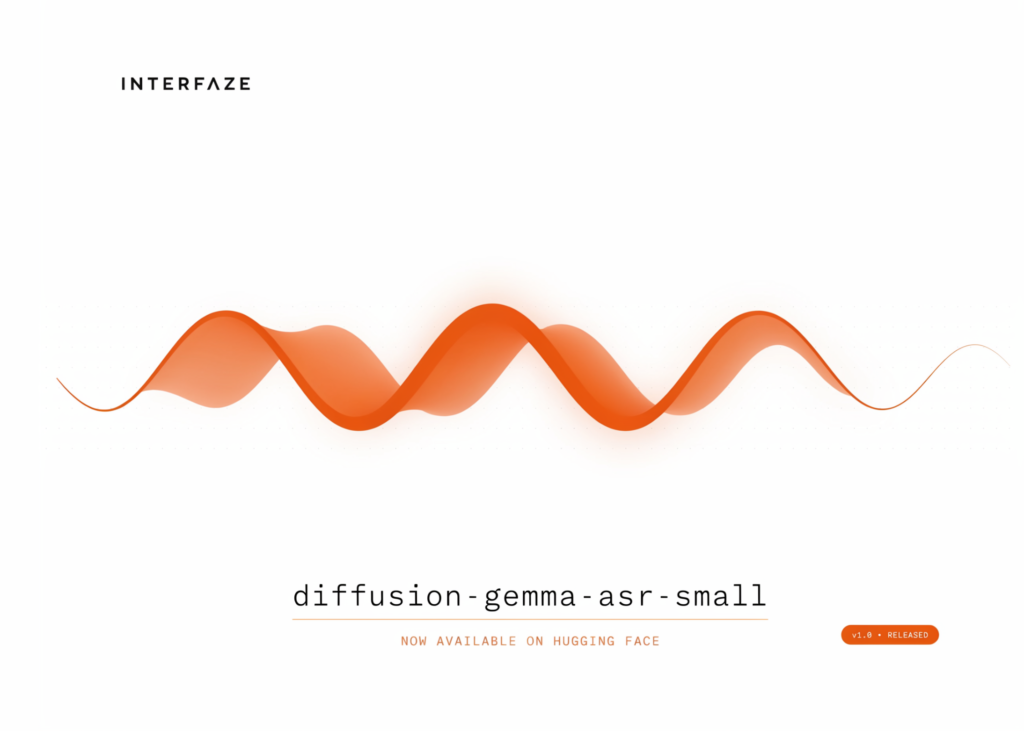 Interfaze Ships diffusion-gemma-asr-small, an Open-Source Diffusion ASR Model Transcribing Six Languages via DiffusionGemma’s Parallel Denoising Decoder Interfaze Ships diffusion-gemma-asr-small, an Open-Source Diffusion ASR Model Transcribing Six Languages via DiffusionGemma's Parallel Denoising Decoder