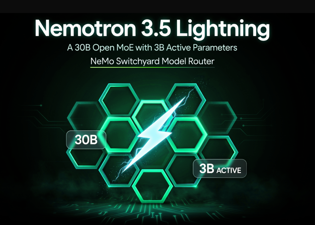 NVIDIA AI Releases Nemotron 3.5 Lightning: A 30B Open MoE with 3B Active Parameters, and NeMo Switchyard Model Router NVIDIA AI Releases Nemotron 3.5 Lightning: A 30B Open MoE with 3B Active Parameters, and NeMo Switchyard Model Router