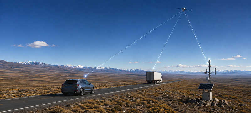 Satellite IoT Connections Forecast to Reach Nearly 200 Million by 2035 vehicles communicating with a satellite on a road in a remote area