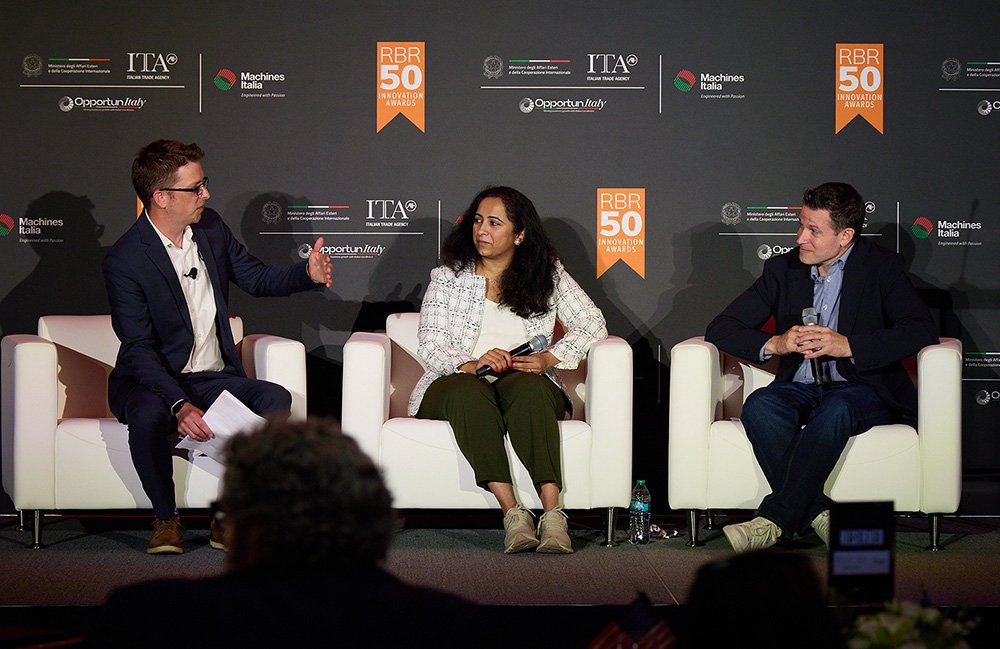 2027 Robotics Innovation Awards Now Accepting Nominations Aaron Parness, director of applied sciences at Amazon Robotics, and Bhavana Chandrashekhar, the senior manager of applied science at Amazon Robotics, speaking at the 2026 RBR50 gala.