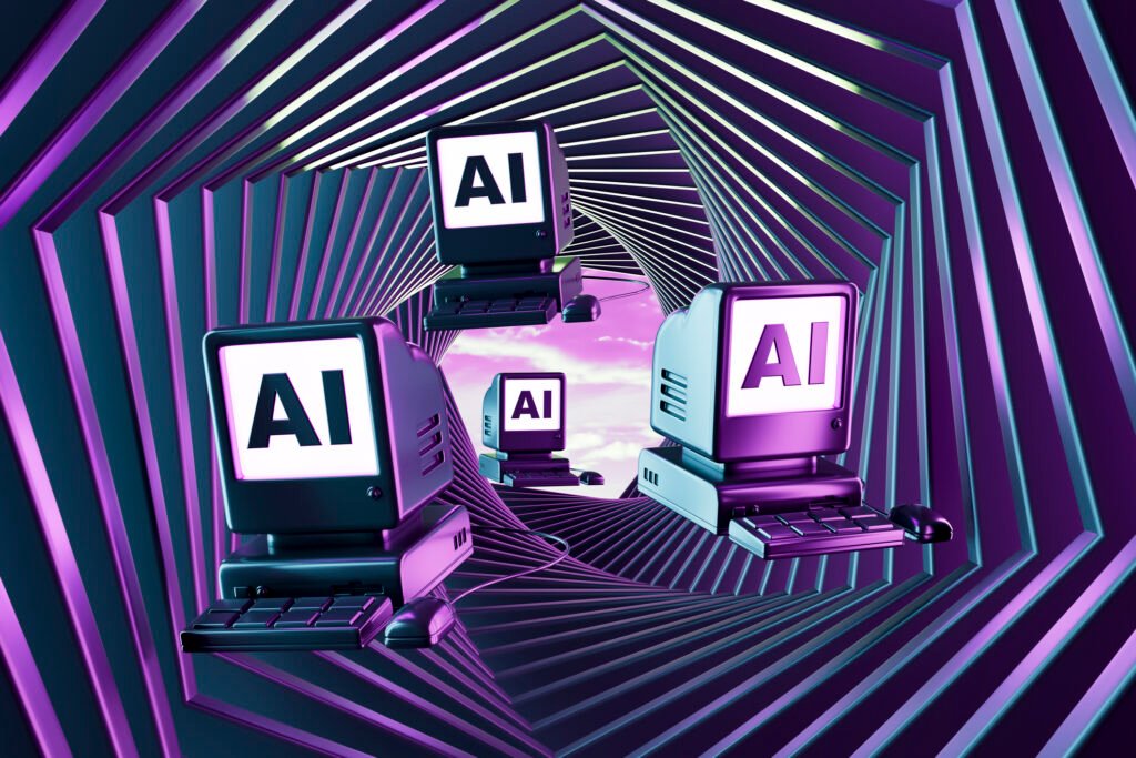 Vintage Computers with AI Display on Screen, Retro-Futuristic Technology, Artificial Intelligence Concept