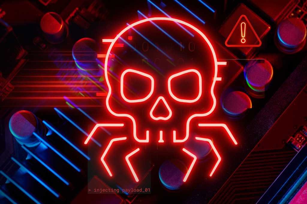 Why Ignoring Third-Party Data Breaches Is the Costliest Mistake Your Organization Can Make A glowing red skull with spider legs on a circuit board, warning symbol, and injected payload code symbolizes cybersecurity threats and data breaches.