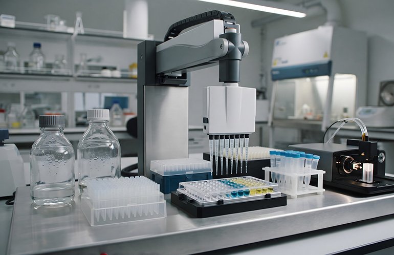 Warp Sciences Launches Robotics-Powered Platform to Accelerate Drug Discovery A robotic liquid handling system performing automated tests in a lab.